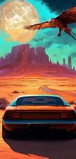 Sports car driving through a colorful desert with moon and eagle.