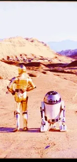 Desert backdrop with two iconic sci-fi droids standing side by side.