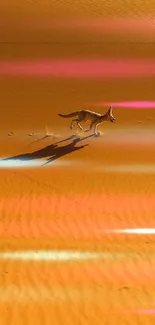 A fox walks across golden desert sands under a clear sky.