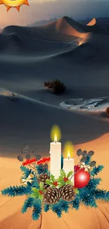 Mobile wallpaper with desert and holiday candles.