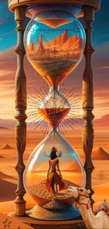 Surreal hourglass in a desert with camel, fantasy art wallpaper.