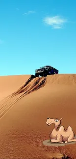 Jeep climbing sandy desert dunes with cartoon camel under blue sky.