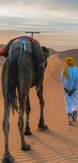 Camel and man walking in desert landscape with sandy dunes.