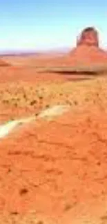 Vast desert landscape with orange sands against a clear blue sky.