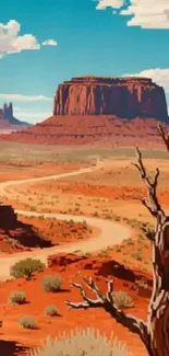 Desert landscape with red mesas and blue skies.
