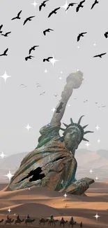 Statue of Liberty in a desert with birds and sparkles on mobile wallpaper.