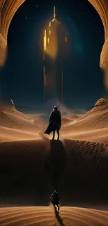 Mysterious figure in desert approaching glowing tower at night.