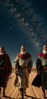 Three men walk through a desert under a starry night sky.