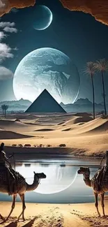 Futuristic desert scene with pyramids and camels under moonlight.