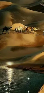 Camels crossing a desert under a starry night beside an oasis.