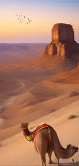 Camel in a serene desert landscape at sunrise with golden dunes.