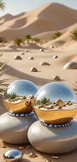 Desert oasis with crystal spheres on sand.