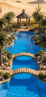 A serene desert oasis with palm trees and a tranquil blue pool.