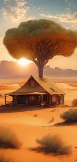 House with tree in desert at sunset, creating a serene and natural ambiance.