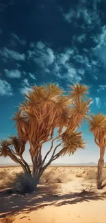 Desert oasis with trees under a clear blue sky.