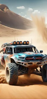 Off-road vehicle racing through desert dunes, creating sand clouds.