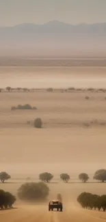 Tranquil desert path with vehicle and distant mountains under a sweeping horizon.