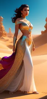 Fantasy art of a desert princess in golden sands, ideal for mobile wallpaper.