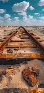 Rusty railway tracks through a vast, sandy desert under a cloudy sky.