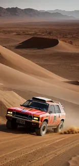 Red rally car speeding through desert dunes under a clear sky.