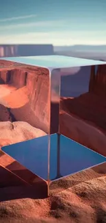 Reflective cube on a red desert canyon background with a blue sky.