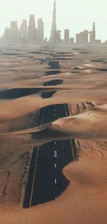 A winding road through the desert leading to a distant city skyline.