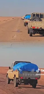 Convoy of Toyota trucks on desert road.