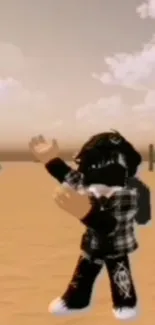 Roblox avatar in desert with sandy background and clear sky.