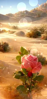 A beautiful pink rose blooming in a tranquil desert landscape.