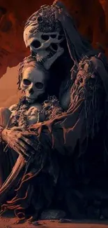 Mobile wallpaper of skeletons embracing in a desert setting with orange tones.