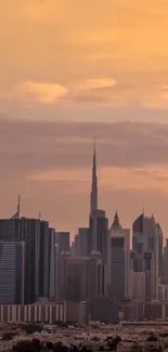 Dubai skyline at sunset with desert hues.