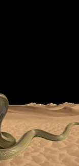 Desert landscape with a snake on sandy dunes under a black sky.