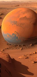 Surreal desert scene with a large orange sphere on the sand dunes.