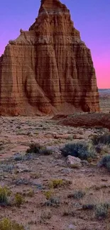 Desert landscape with rock spire at sunset against purple sky.