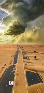 A solitary car on a desert road beneath swirling storm clouds.