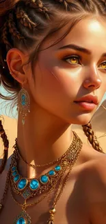 Desert warrior art with braided hair and jewelry in a sandy landscape.