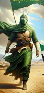 A heroic warrior in green walks bravely across a desert landscape.