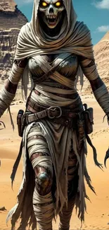 Skeleton warrior in desert with pyramids, wrapped in linen.