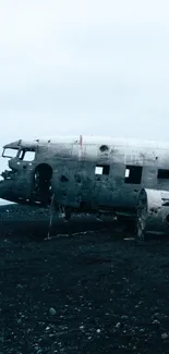 Abandoned airplane wreck with person standing on top in a desolate landscape.