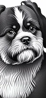 Intricate black and white puppy illustration for phone wallpaper.