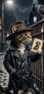 Cartoon detective cat in noir alley holding a photo.