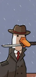 Cartoon duck detective in rain with knife and hat.