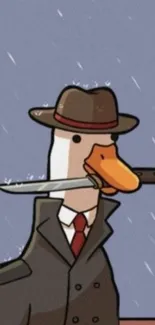 Cartoon detective duck holding knife with rainy backdrop.