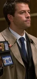 Detective holding a badge in a tan trench coat.