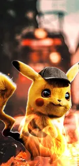 Detective Pikachu with fiery orange background.