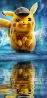 Detective Pikachu with lightning on a blue background.