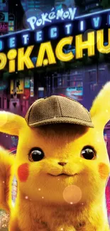 Detective Pikachu with hat, neon city backdrop wallpaper.