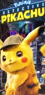 Detective Pikachu wallpaper with city backdrop and neon lights.