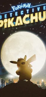 Detective Pikachu with city backdrop and full moon.