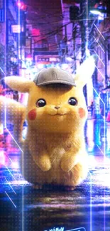 Detective Pikachu in a neon-lit urban cityscape, exuding vibrant energy.